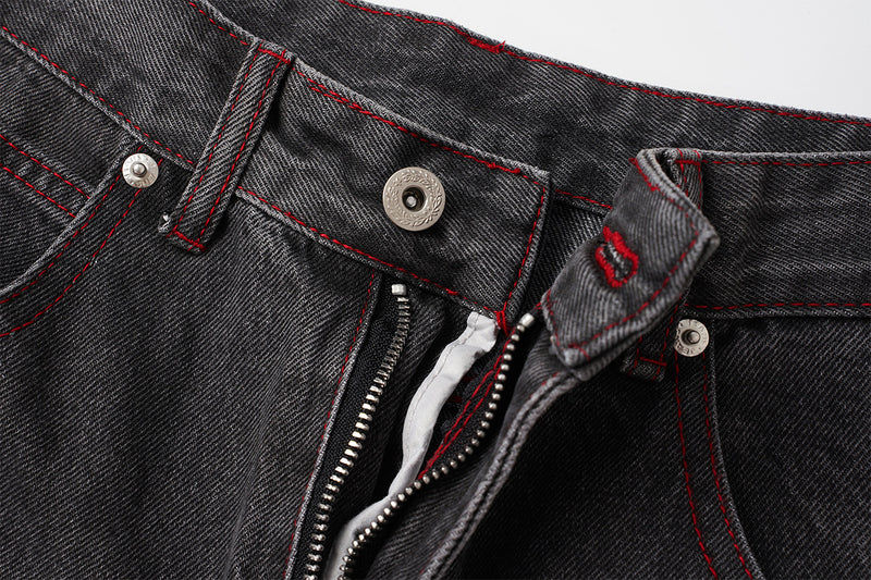 Wide-Leg Jeans Washed Black Gothic Wing Print with Red Contrast Stitching