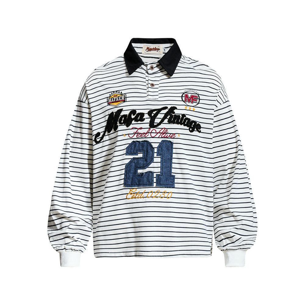 Striped Long Sleeve Shirt Mens Polo — Varsity Embroidery, Relaxed Fit