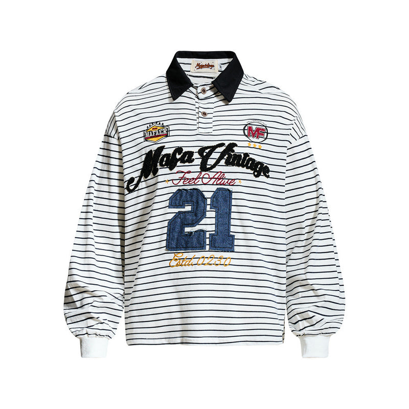 Striped Long Sleeve Shirt Mens Polo — Varsity Embroidery, Relaxed Fit