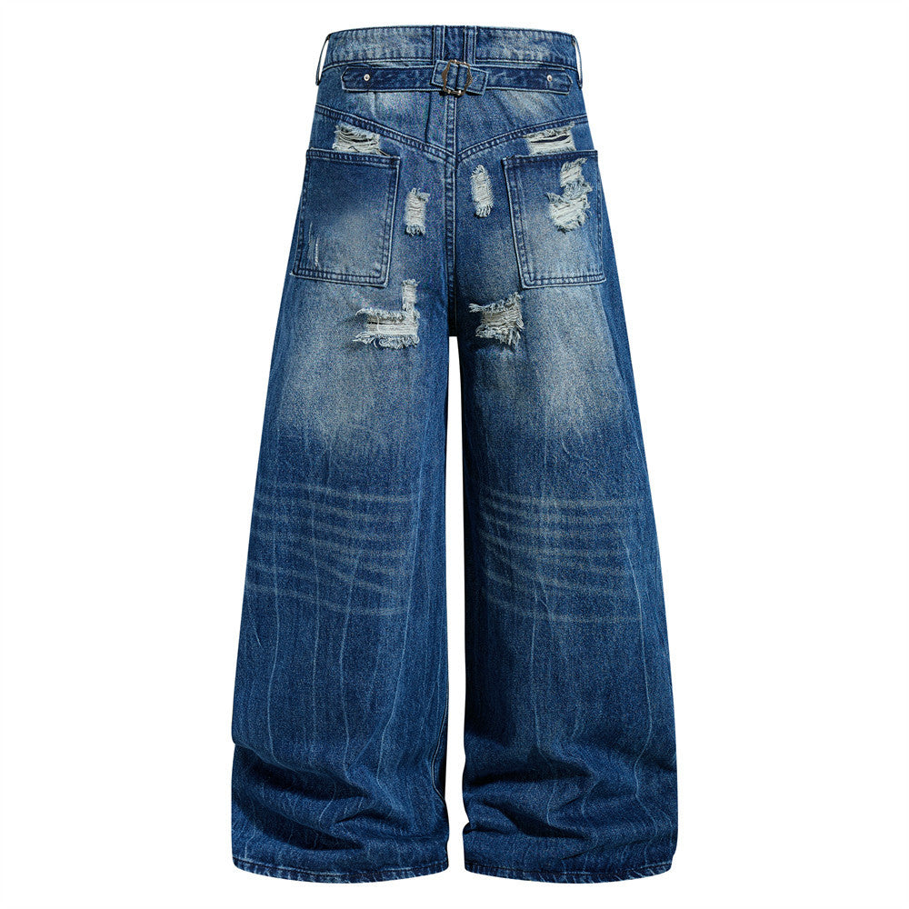 Wide-Leg Ripped Jeans – Men's Baggy Distressed Denim with Washed Finish