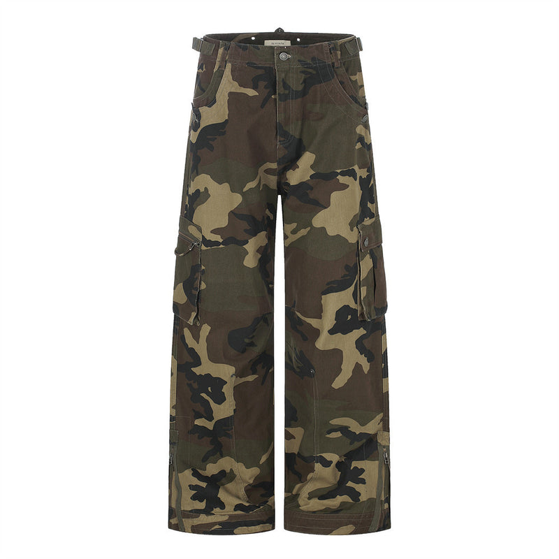 Wide-leg woodland camouflage cargo pants with multi-pocket design and zip-detail hems, shown front and back