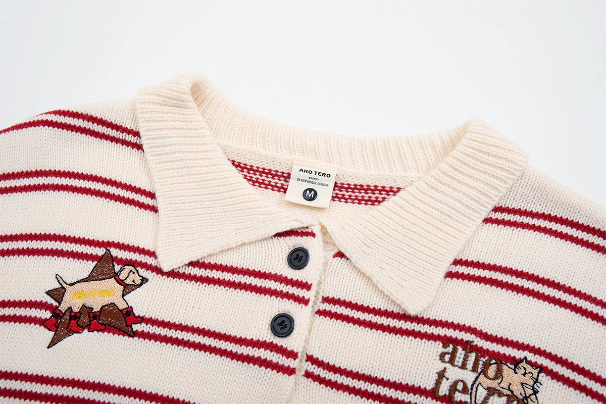 Striped Polo Knit Sweater with Cartoon Embroidery – Relaxed Unisex Pullover