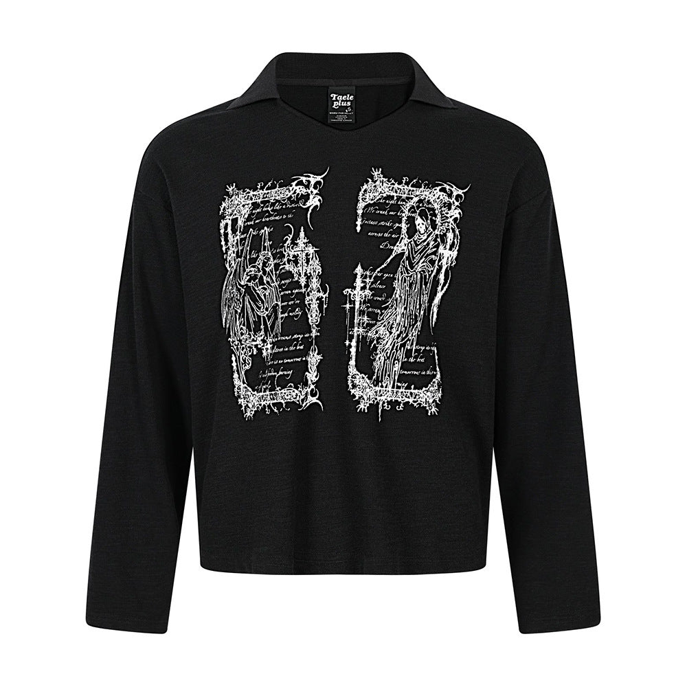 Gothic Angel & Reaper Print Long-Sleeve Polo-Collar Tee