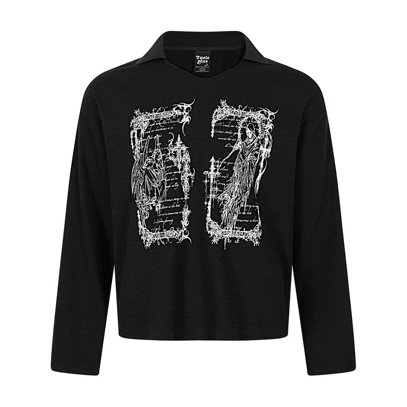 Gothic Angel & Reaper Print Long-Sleeve Polo-Collar Tee