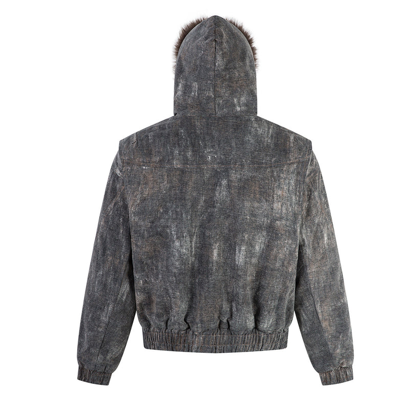 Washed Denim Bomber Jacket with Faux Fur Hood – Vintage American Style