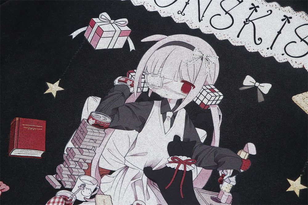 Anime-Grafik Oversized Rundhals-T-Shirt – Monskiski Chess-Girl-Print