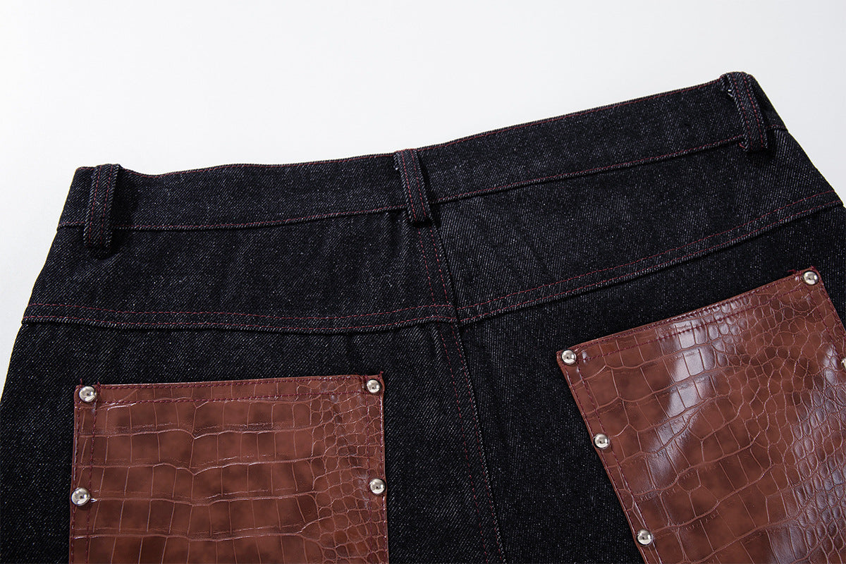 Baggy Wide-Leg Jeans with Croc-Leather Patchwork & Studded Detail — Black Denim