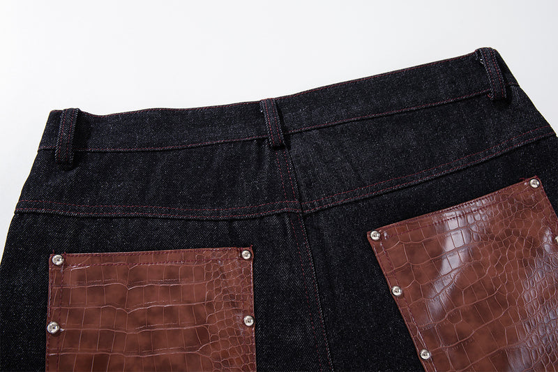 Baggy Wide-Leg Jeans with Croc-Leather Patchwork & Studded Detail — Black Denim