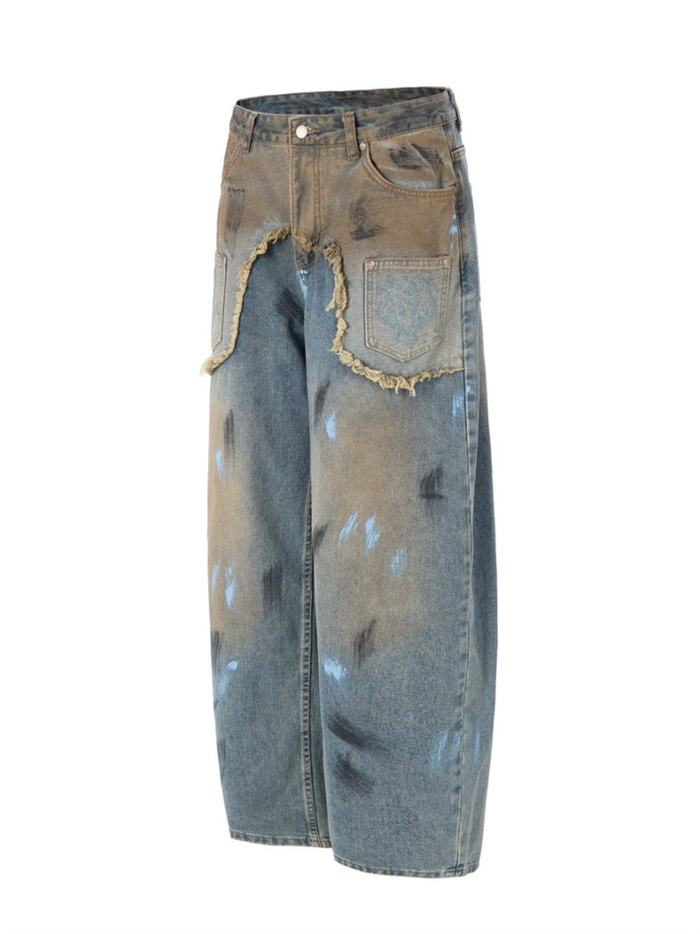 Baggy Jeans with Paint Splatter Patchwork & Distressed Raw-Edge Detail