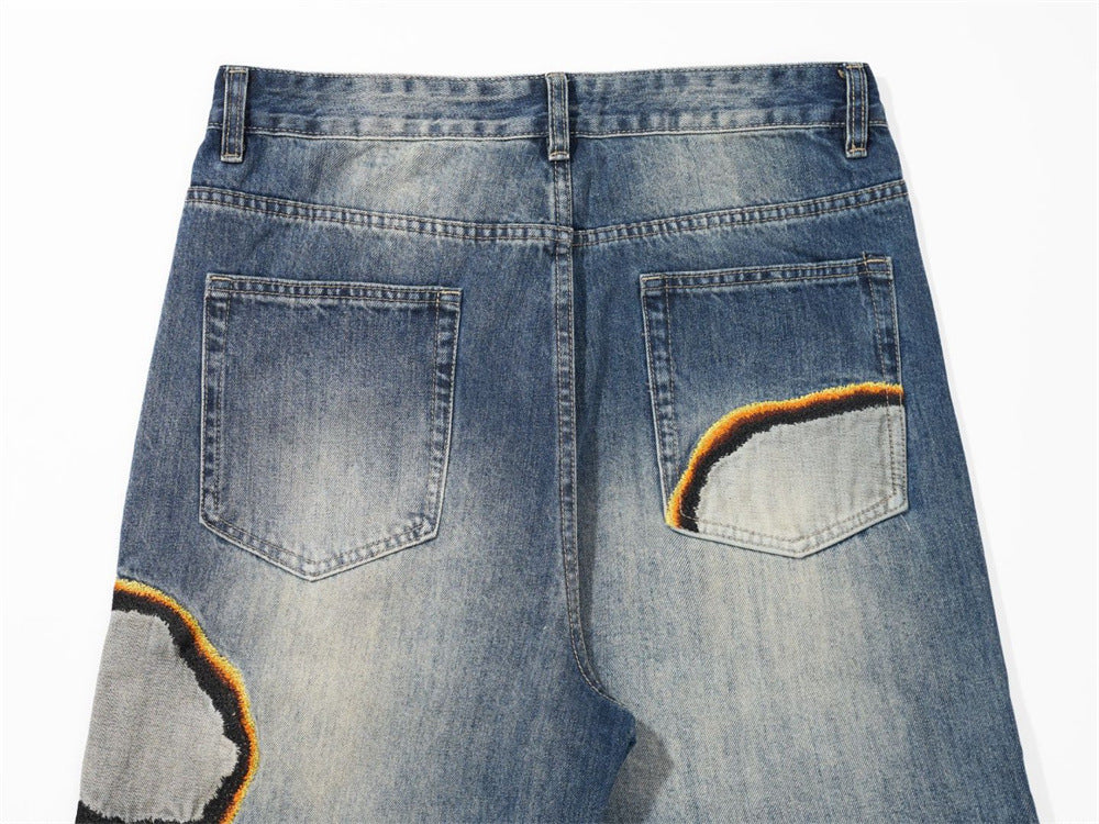 Men's Baggy Straight-Leg Jeans with Embroidered Patch Detail – Distressed Blue