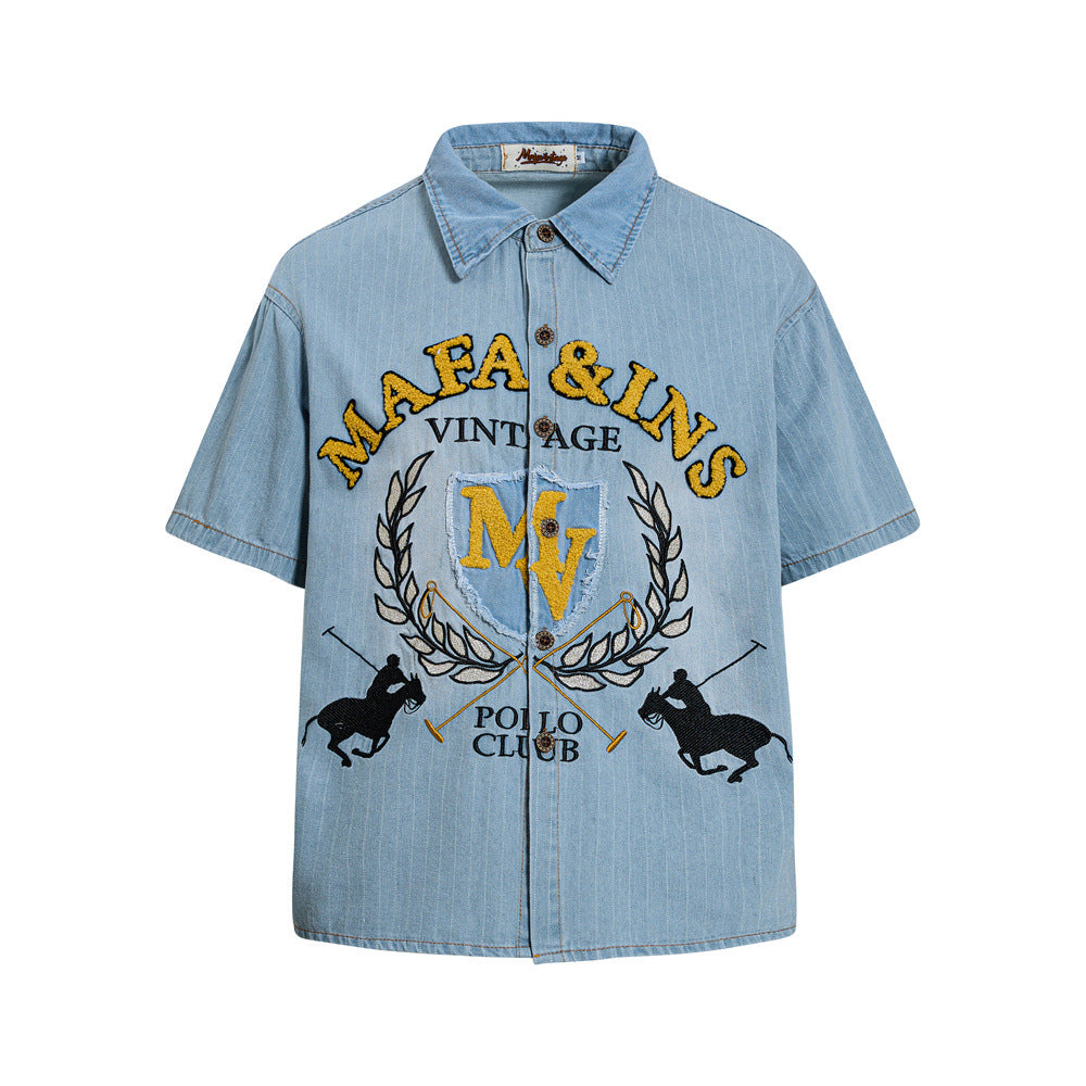 Men's light wash denim short sleeve shirt with MAFA&INS Vintage Polo Club chenille embroidered crest graphic on front