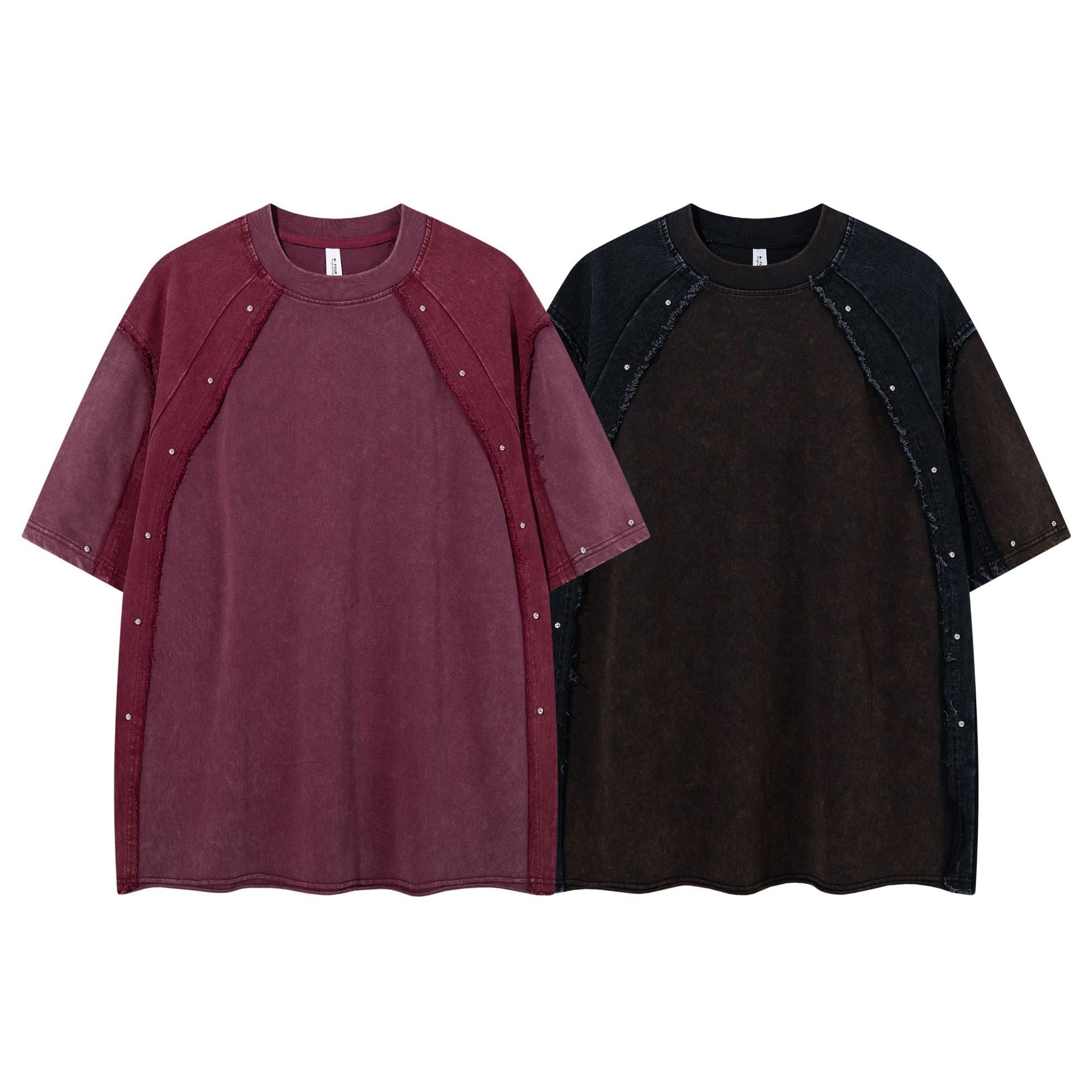 T-shirt raglan oversize à manches courtes, patchwork et effet acid wash, coutures à bords bruts et rivets argentés, rouge bordeaux délavé et col