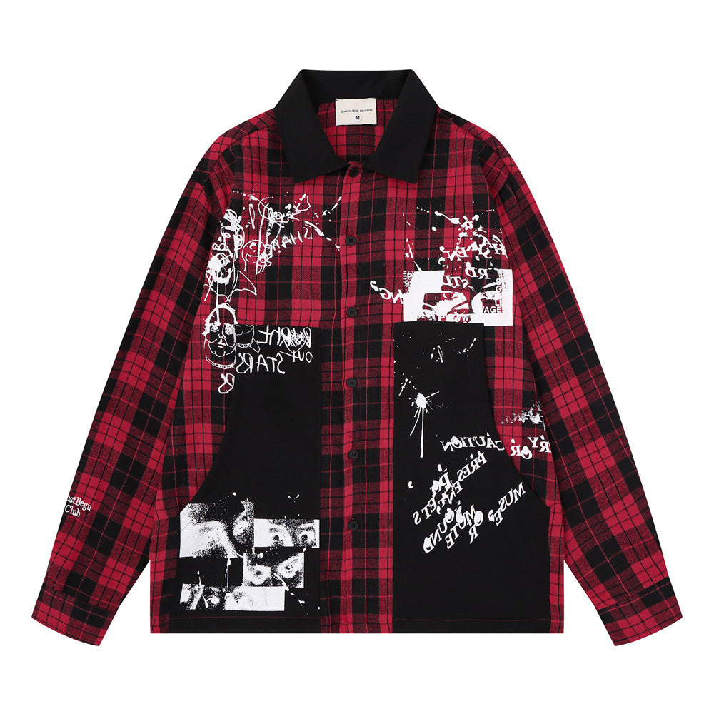 Oversized-Flanellhemd mit Karografik und Graffiti-Print – Herren-Langarmhemd im Patchwork-Stil