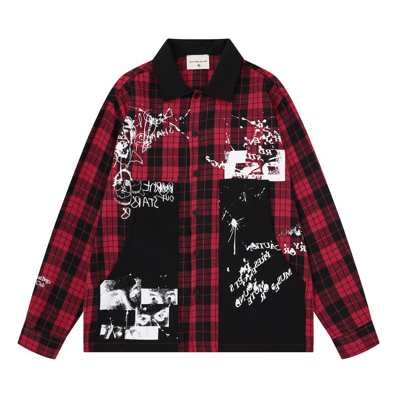 Oversized-Flanellhemd mit Karografik und Graffiti-Print – Herren-Langarmhemd im Patchwork-Stil