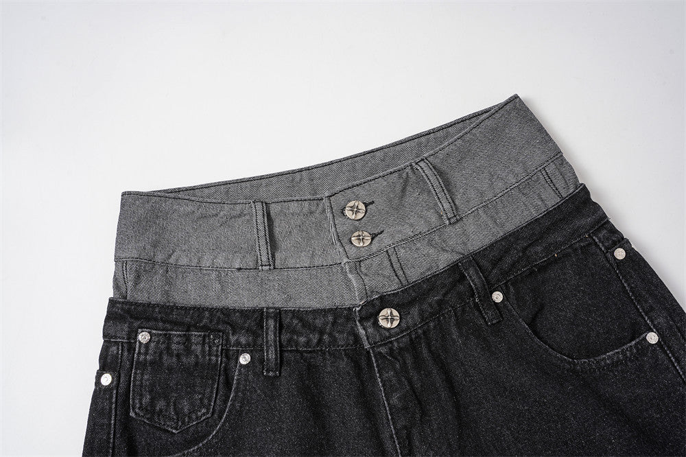 Close-up of black jeans front waistband with gray double-layer waist and metal buttons