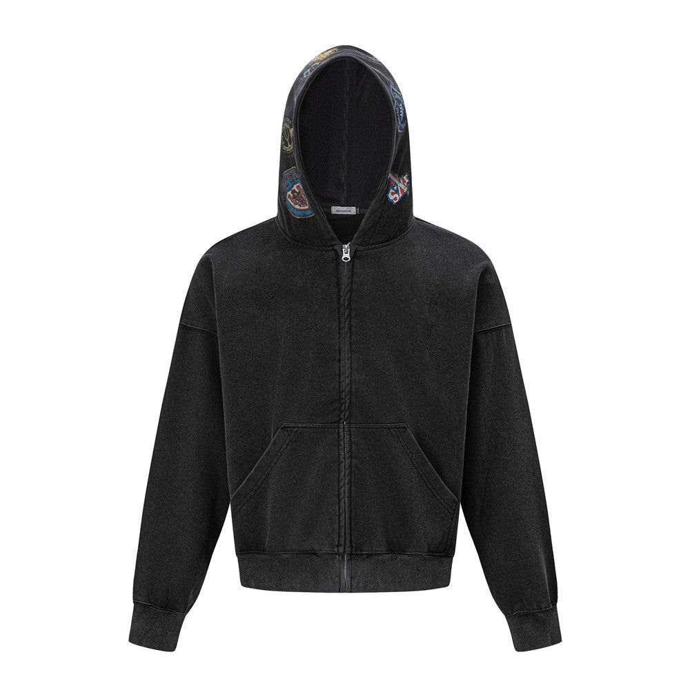 Vintage Patch Zip-Up Hoodie – Oversized Acid-Wash Streetwear Sweatshirt