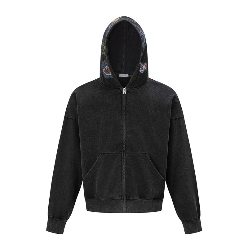 Vintage Patch Zip-Up Hoodie – Oversized Acid-Wash Streetwear Sweatshirt