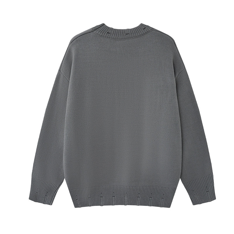 Pull en maille jacquard papillon – Col rond oversize avec broderie rose façon corde