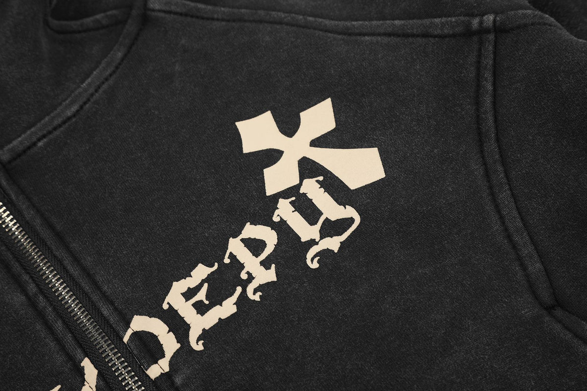 Cross Print Washed Zip-Up Hoodie – Cropped Black Streetwear Jacket