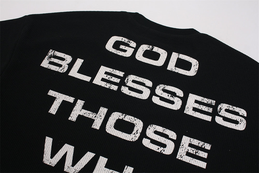 Oversized Long Sleeve T-Shirt with Red Cross & Letter Print, Waffle-Knit