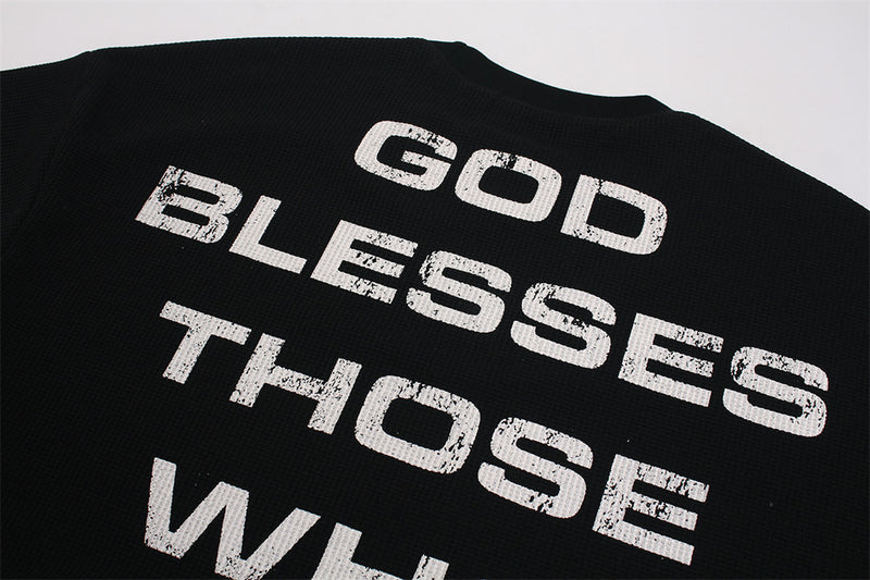 Oversized Long Sleeve T-Shirt with Red Cross & Letter Print, Waffle-Knit