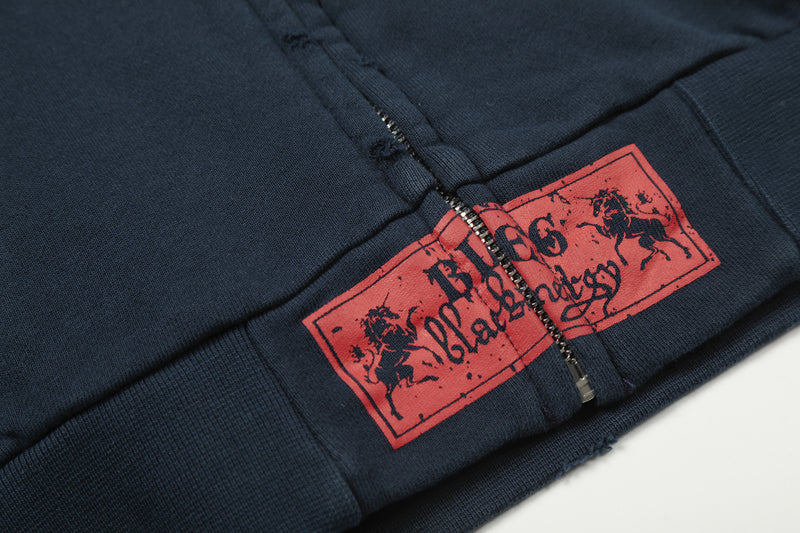 Distressed-Zip-Hoodie mit goldenem Wappenprint – Navy