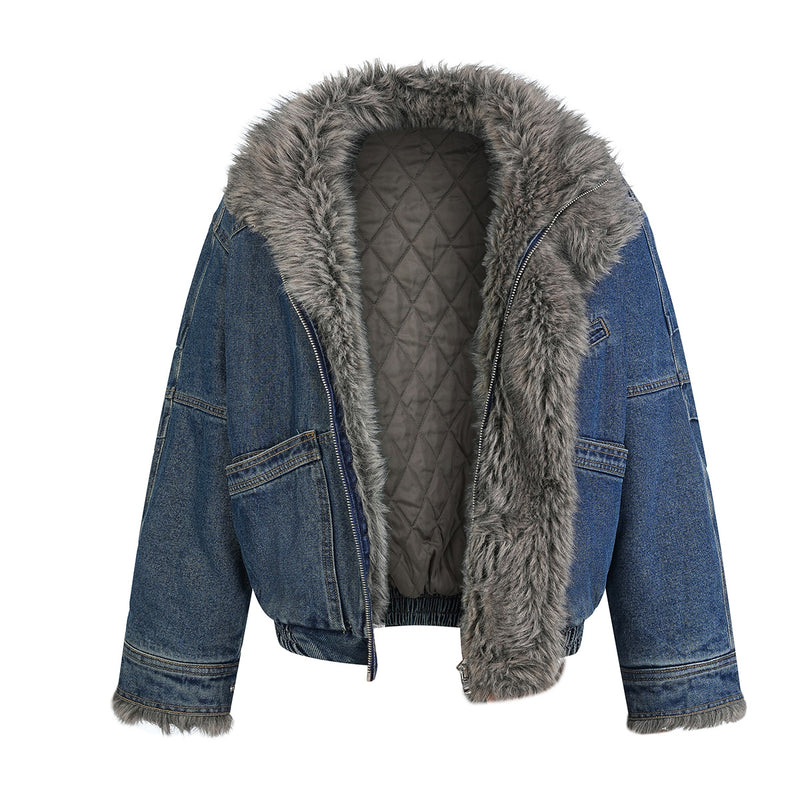 Fur-Lined Denim Jacket – Men's Winter Bomber with Faux Fur Collar & Quilted