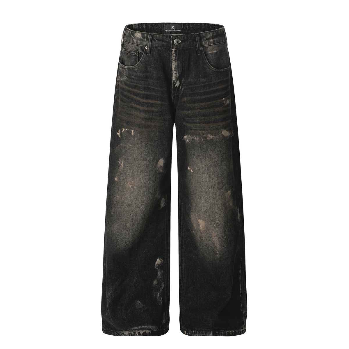 Black acid-washed baggy wide-leg distressed denim jeans with vintage fading and whisker detailing, front and back view