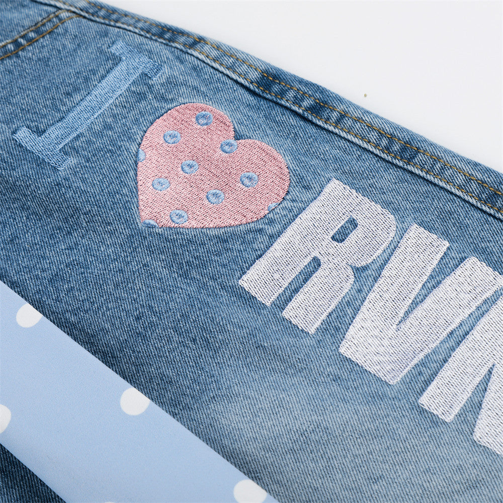 I Love RUNTENG Letter Print Wide-Leg Denim Shorts with Polka Dot Tie Detail