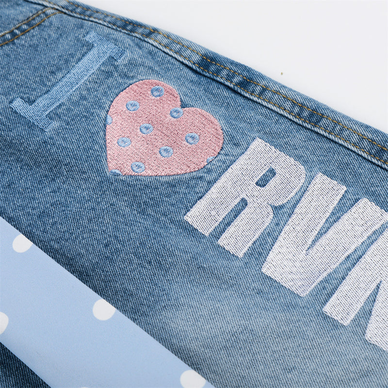 I Love RUNTENG Letter Print Wide-Leg Denim Shorts with Polka Dot Tie Detail