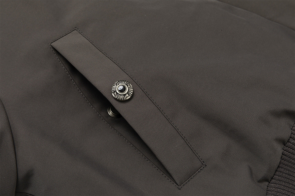 Fur Collar Cotton-Padded Bomber Jacket with Horn Toggle Buttons – Dark Grey