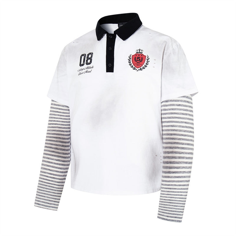 Men's Faux Two-Piece Polo Shirt with Striped Long Sleeves and Distressed Print