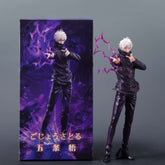 The "Jujutsu Kaisen Gojo Satoru WM PVC Figure – 31 cm Cursed Technique Action Pose Statue" depicts Gojo with spiky white hair and a dark outfit, hands forward. The box features Gojo amidst a purple electric design with Japanese text highlighting his Limitless Technique prowess.