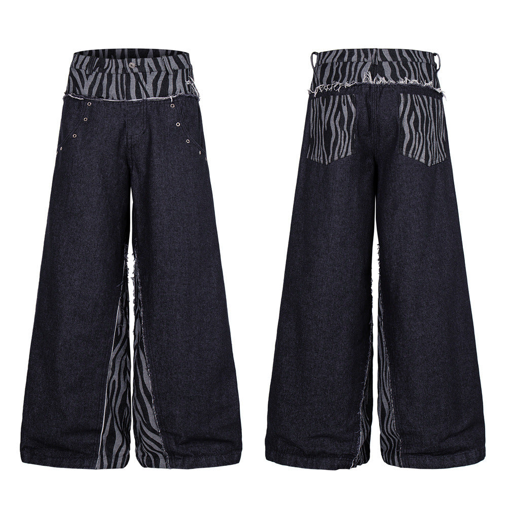 Wide-Leg Zebra Print Patchwork Jeans – Dark Wash Denim with Raw-Edge Waistband