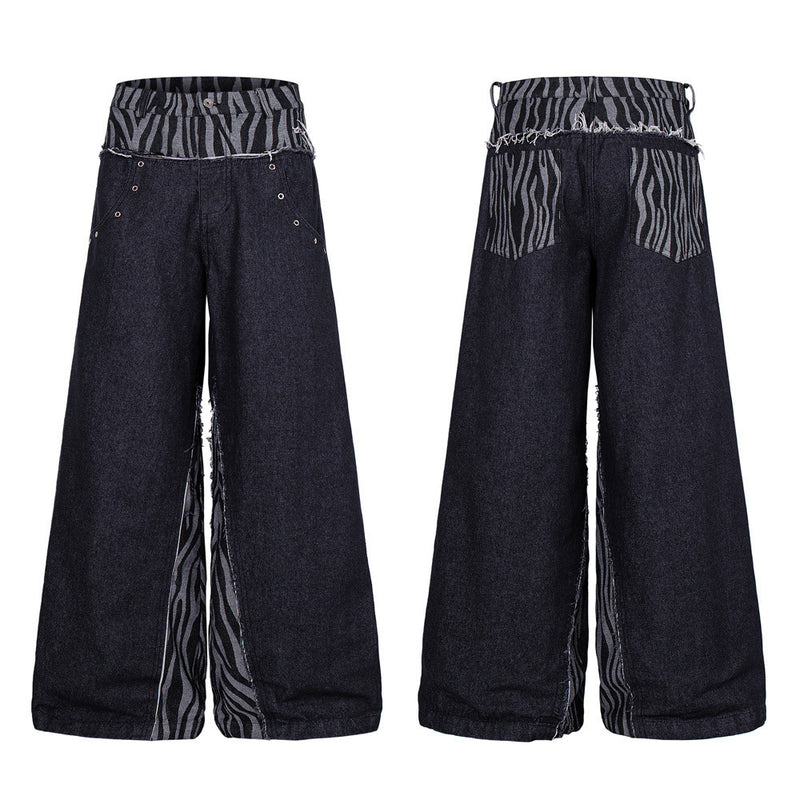 Wide-Leg Zebra Print Patchwork Jeans – Dark Wash Denim with Raw-Edge Waistband