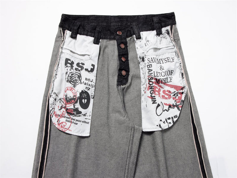 Men's Wide-Leg Straight Jeans – High-Street Graphic Patch, Button Fly, Contrast