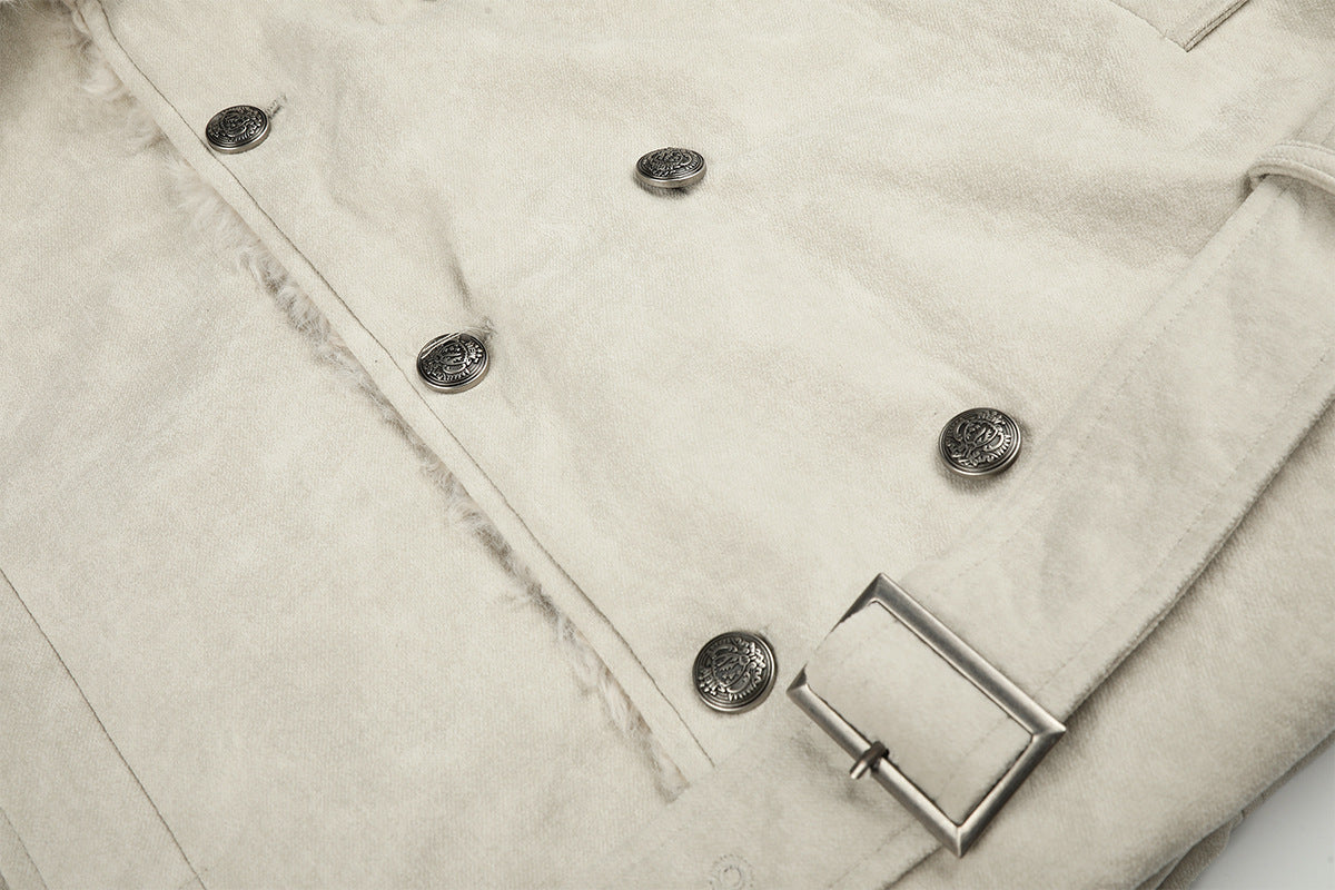 Double-Breasted Shearling-Collar Padded Jacket with Waist Belt