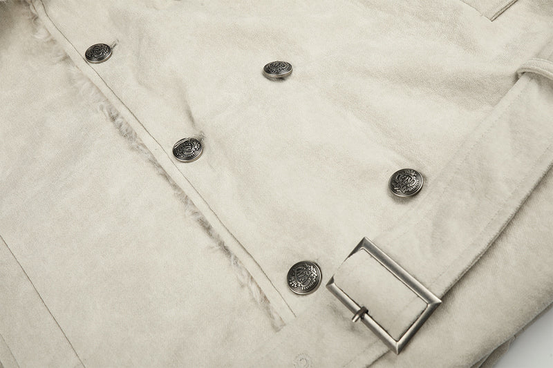 Double-Breasted Shearling-Collar Padded Jacket with Waist Belt
