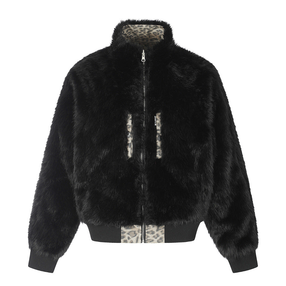 Reversible Faux Fur Leopard Print Bomber Jacket – Men's Oversized Stand Collar