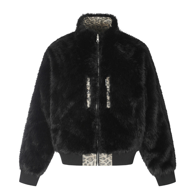 Reversible Faux Fur Leopard Print Bomber Jacket – Men's Oversized Stand Collar