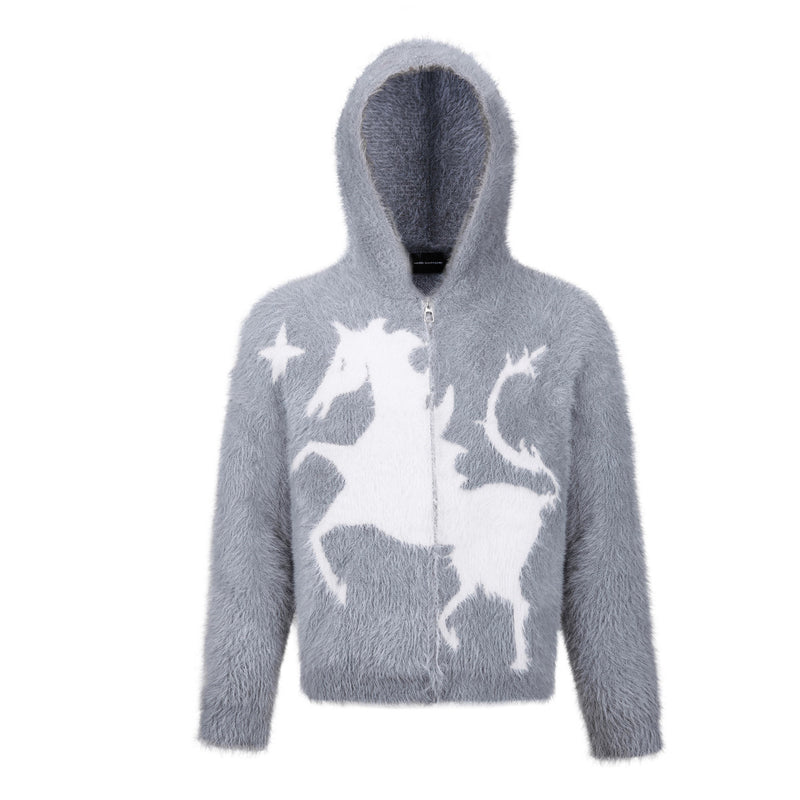 Sweat à capuche zippé en maille duveteuse – Motifs licorne et étoiles