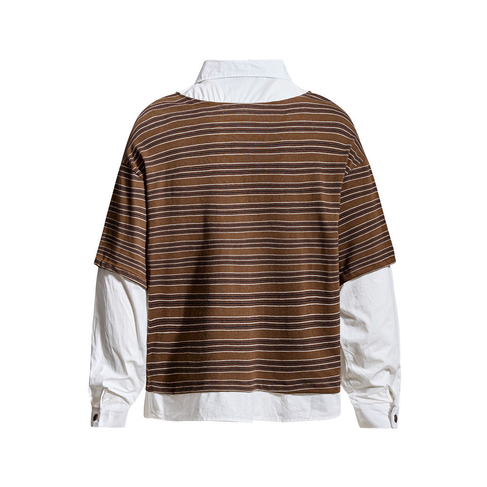 Striped Faux Two-Piece Polo Collar Long Sleeve T-Shirt