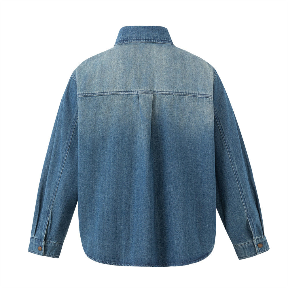 Oversized Washed Denim Shirt – Men's Long Sleeve Button-Up with Dual Chest