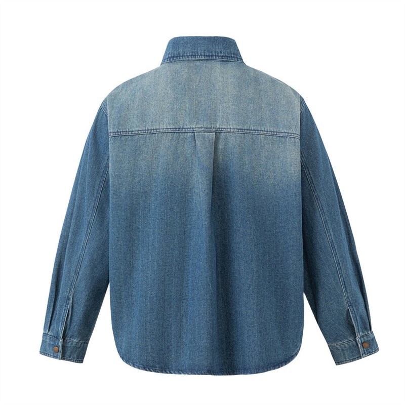 Oversized Washed Denim Shirt – Men's Long Sleeve Button-Up with Dual Chest