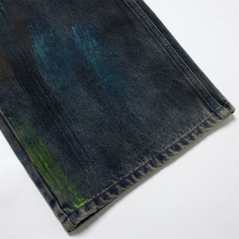 Baggy Paint Splatter Jeans Men – Wide Leg Grunge Denim Straight Pants
