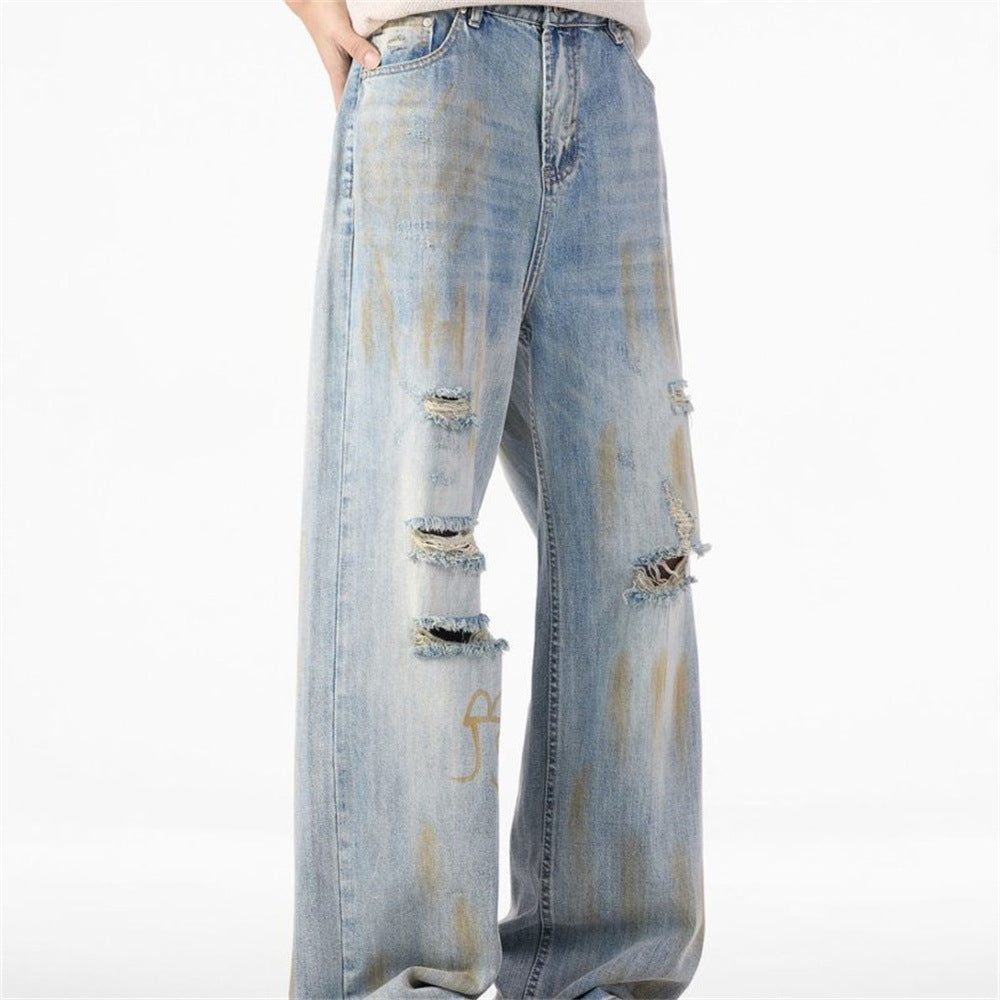 Ripped Wide-Leg Jeans – Men's Mud-Dye Distressed Straight Denim