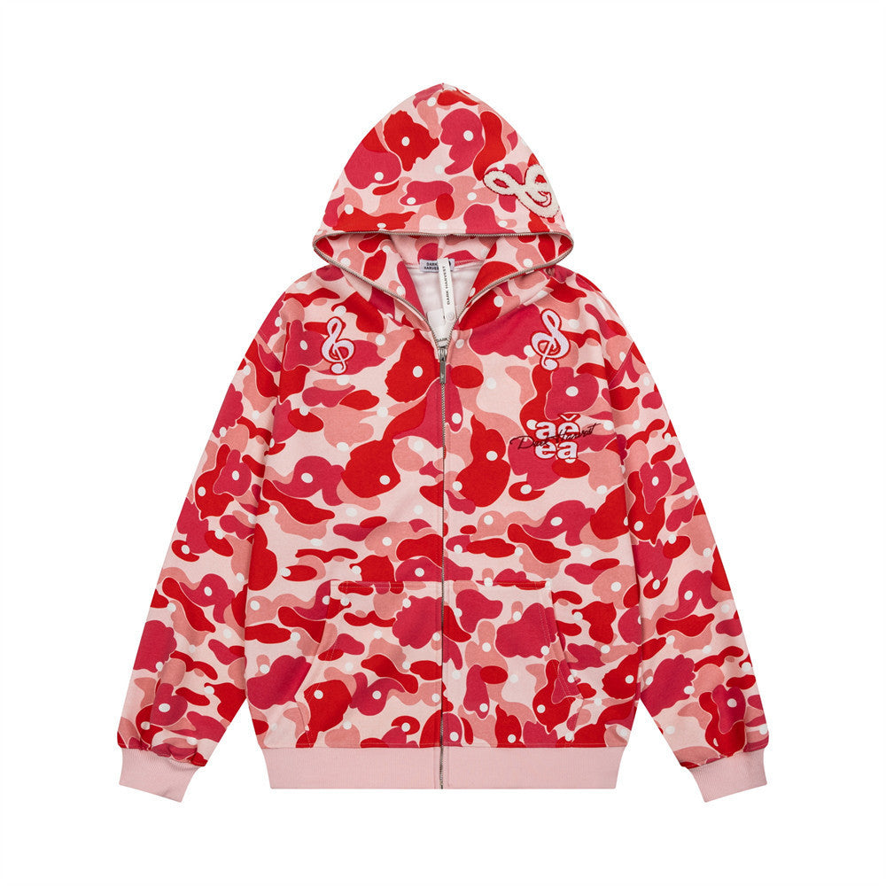 Men's Camo Zip-Up Hoodie with Music Note Embroidery – Oversized Streetwear