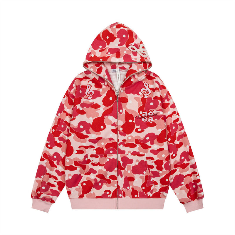 Men's Camo Zip-Up Hoodie with Music Note Embroidery – Oversized Streetwear