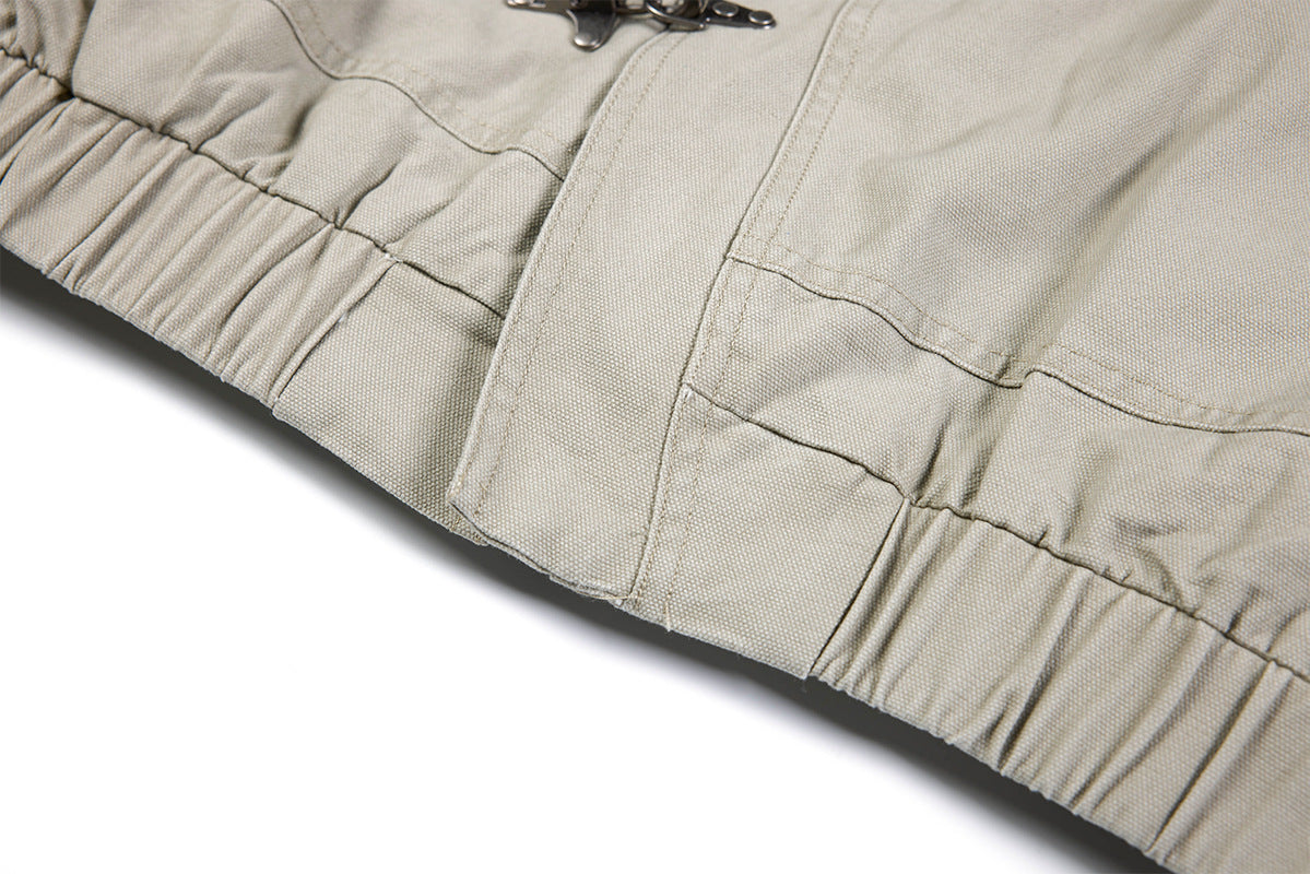 Metal Clasp Bomber Jacket – Washed Cotton Flight Jacket with Diagonal Buckle