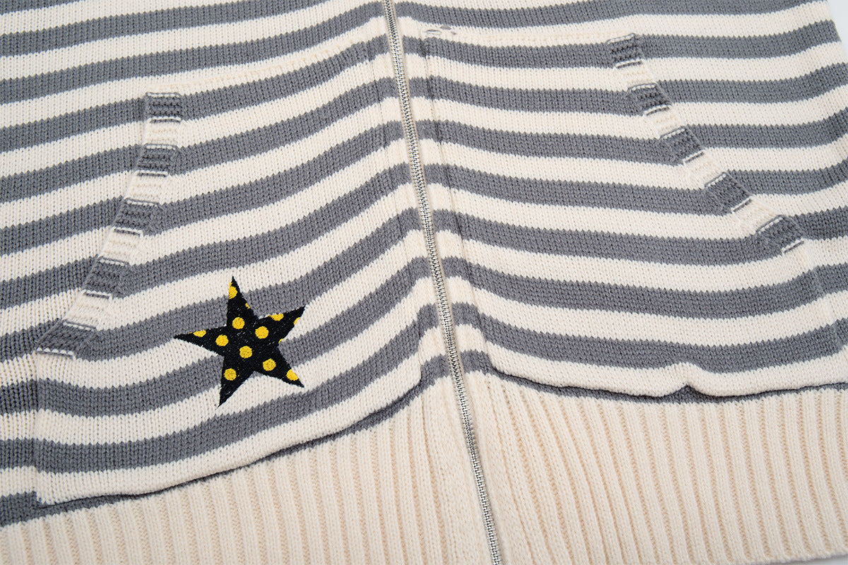 Y2K-Kapuzenjacke mit Reißverschluss – gestreifte Strickjacke mit Katzen- und Sternenstickerei